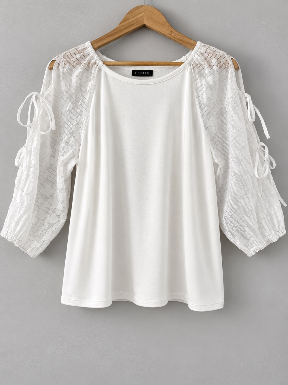 1.STATE Women’s Large White Blouse Floral Full Slit Tie Sleeve 3/4 Sleeve Top